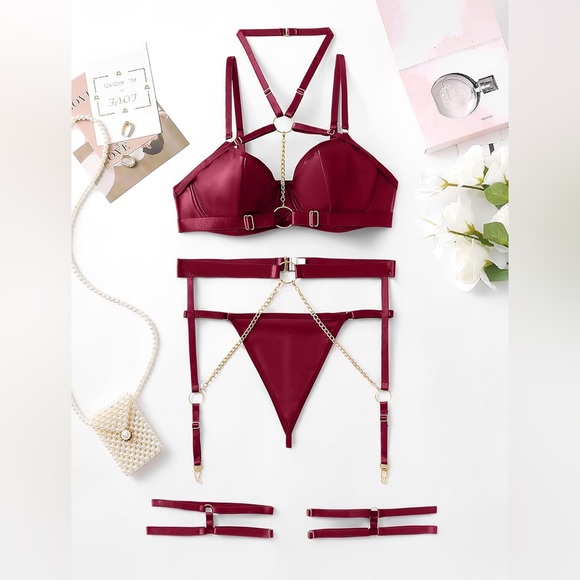 NEW - Sexy Burgundy Pu Leather‎ Strappy Underwire Garter Belt Lingerie Set - Picture 5 of 6